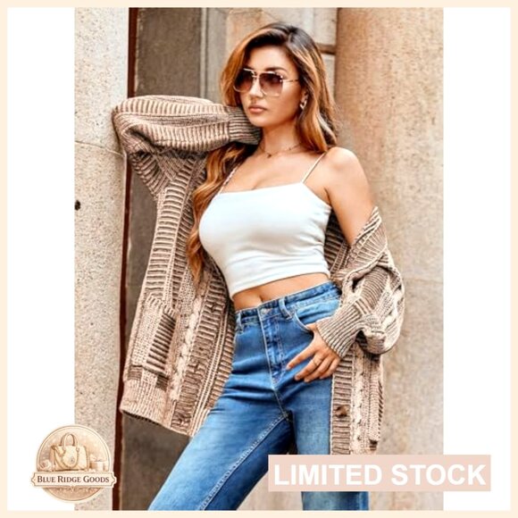 Oversized Cable Knit Cardigan Sweater with Pockets Long Sleeve - Picture 6 of 7